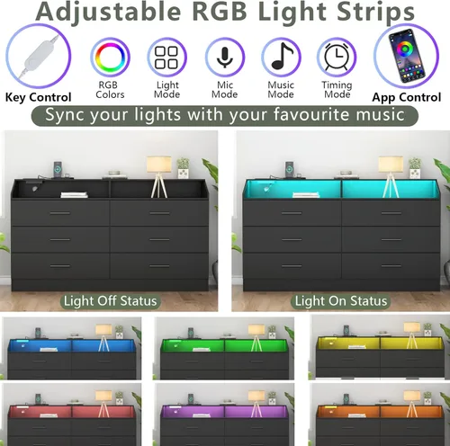 Vista 4 de Cómoda de 6 cajones con toma de corriente, cómoda con luz LED, cómoda moderna con cubículo de almacenamiento abierto, organizador de cómodas dobles