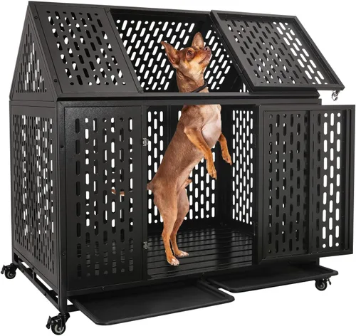 Vista 10 de Jaula indestructible para perros de 50 pulgadas, resistente a prueba de escapes, jaula de acero fuerte para perros gigantes extragrandes, alta