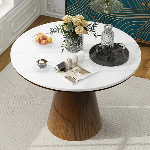 Vista 5 de Mesa de comedor redonda retro minimalista elegante para sala de estar, comedor (blanco + marrón)