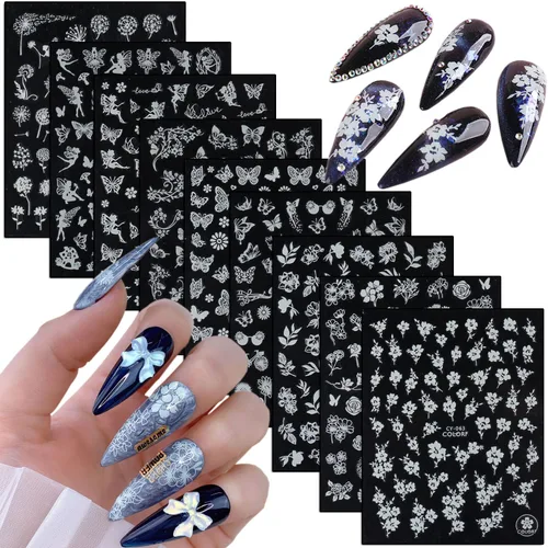 Vista 11 de Calcomanías abstractas para arte de uñas, holográficas, luminosas, 3D, autoadhesivas, hojas, flores, hojas, niñas, luna, decoración de uñas