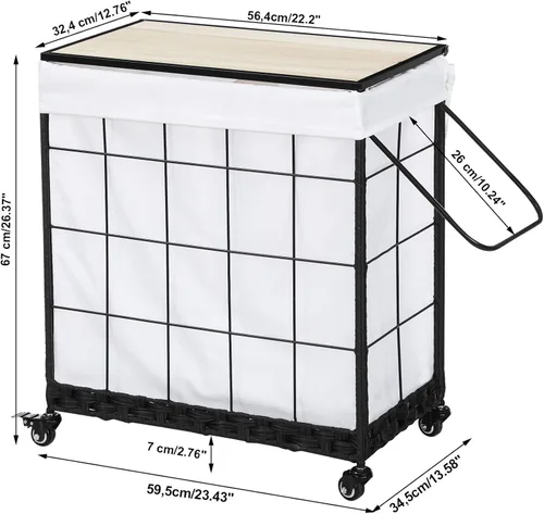 Vista 7 de Cesta de lavandería duradera con bolsa interior extraíble, ruedas resistentes, tapa de madera y asa de metal - Clasificador de ropa y canasta