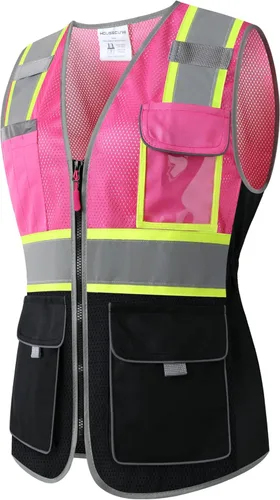 Vista 8 de Chaleco de seguridad para mujeres, chaleco de trabajo reflectante de alta visibilidad con 9 bolsillos múltiples y cremallera