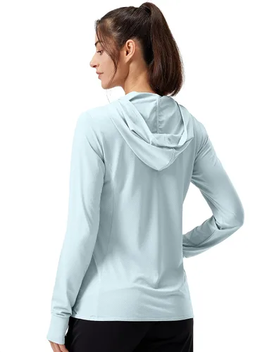 Vista 2 de Soothfeel Chaqueta con capucha y protección solar UPF 50+ para mujer, ligera, de manga larga, con bolsillo, para senderismo al aire libre d-celeste
