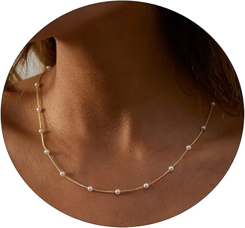 Sewyer Delicado collar con colgante de perlas para mujer, chapado en oro de 14 quilates, hecho a mano, collar de perlas en capas, delicado collar de