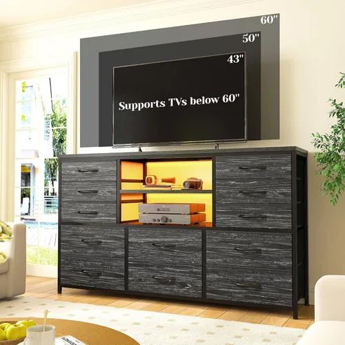 Vista 2 de EnHomee - Cómoda negra con luces LED y estación de carga, soporte de TV para televisor de 60 pulgadas, cómodas anchas y cómodas con estantes