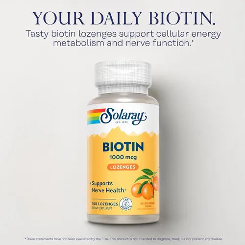 Vista 3 de SOLARAY Pastillas Biotin de 1000 mcg - Suplemento de biotina con vitamina A - Función nerviosa y apoyo de energía celular - Sabor natural de jugo