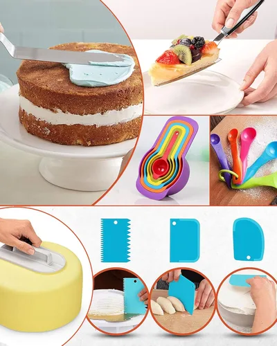 Vista 5 de RFAQK Juego de 700 piezas para decoración de pasteles con suministros para hornear - Soporte giratorio para pasteles para decorar con moldes