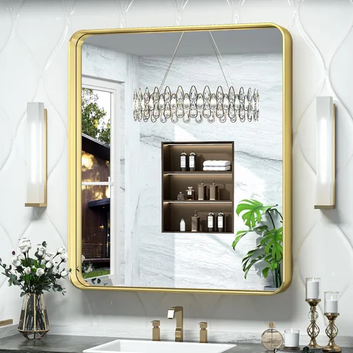 Vista 42 de TokeShimi Espejo de pared de baño de níquel cepillado de 20 x 30 pulgadas, marco de metal, esquina redonda, rectangular, para decoración del hogar