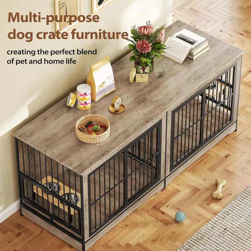 Vista 5 de Rovibek 78 jaulas dobles para perros para 2 perros grandes de interior, muebles de madera con cuenco para perros, muebles para perreras, soporte