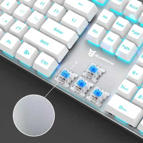Vista 2 de Teclado mecánico para juegos Interruptor azul y teclado retroiluminado azul hielo Diseño de 104 teclas de EE. UU. Teclado para juegos con cable
