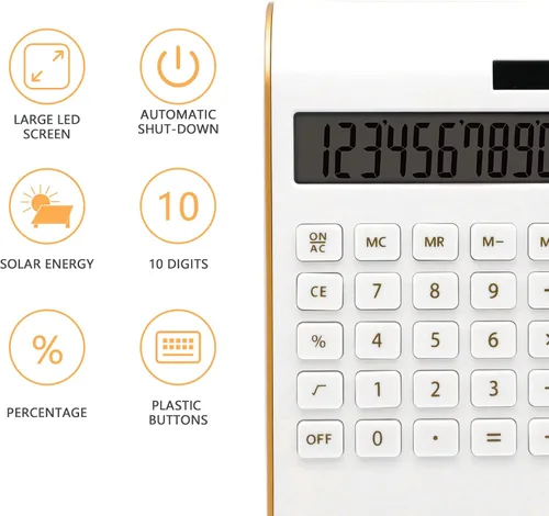 Vista 3 de Calculadora dorada, 10 dígitos, batería solar básica, calculadora de escritorio de doble alimentación, pantalla LCD inclinada, diseño inclinado