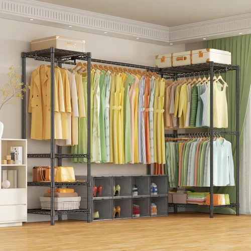 Vista 8 de ULIFHOME E10L - Perchero en forma de L para esquina (con barra de suspensión expandible), resistente y independiente para colgar ropa, perchero