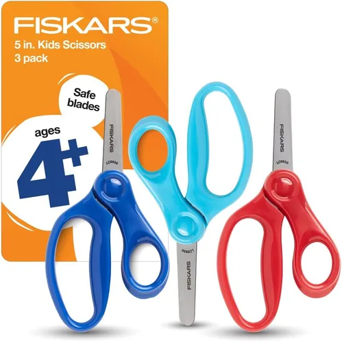 Fiskars Tijeras de punta roma de 5 pulgadas para niños de 4 a 7 años (paquete de 3) - Tijeras para la escuela o manualidades - Suministros de