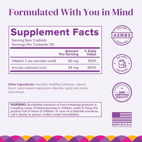 Vista 2 de BariMelts Hierro con Vitamina C, 90 Tabletas de Disolución Rápida (Suministro para 1 Mes), Suplemento de Hierro Bariátrico Sin Azúcar para Mujeres