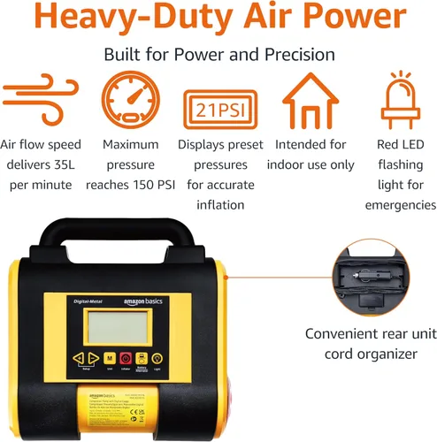Vista 4 de Yaxa Basics Portable Car Tire Inflator with Digital Pressure Gauge, 150 PSI, 12V DC, Black