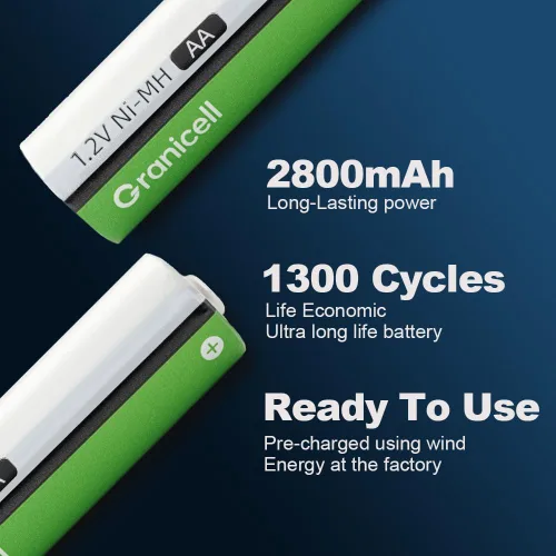 Vista 2 de Granicell Pilas recargables AA de 2800 mAh de alta capacidad de 1300 ciclos, batería NiMH de 1,2V de baja autodescarga AA, paquete de 4
