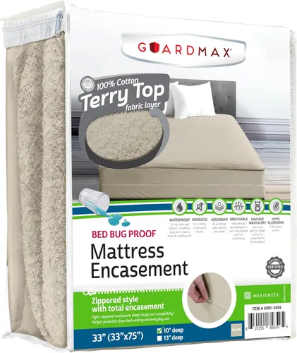 Vista 83 de Guardmax Funda de colchón individual con cremallera, protector de colchón 100% impermeable, suave y absorbente de algodón de rizo superior