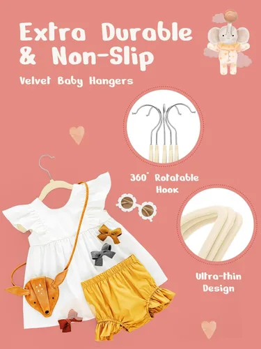 Vista 5 de HOUSE DAY Perchas de terciopelo para bebés de 11 pulgadas, paquete de 50 perchas color beige de primera calidad para niños, ropa de bebés y niños