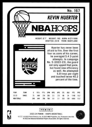Vista 2 de Panini Hoops #167 Kevin Huerter NM-MT 2023-24 Cartas de baloncesto de los Reyes de Sacramento