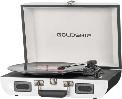 Vista 8 de Tocadiscos de vinilo portátil de 3 velocidades con Bluetooth con batería recargable, diseño retro de maleta, salida de línea Aux in/RCA y puertos