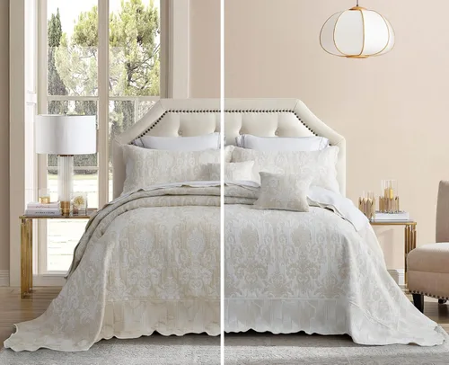 Vista 11 de Edredón extragrande para cama King, diseño de patrón damasco matelasse de jacquard, ligero, reversible, 5 piezas, 100% microfibra, pasta de frijol