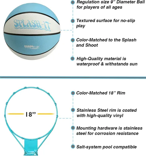Vista 10 de Dunn-Rite Splash & Shoot, aro de baloncesto ajustable para piscina al aire libre con altura variable, pelota, base y borde de acero inoxidable de 18