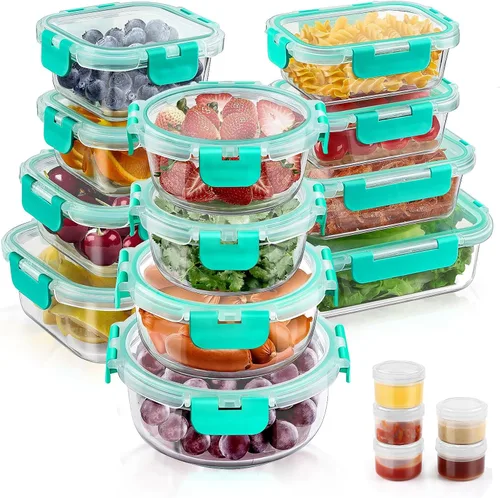 Vista 12 de 34 piezas de recipientes de vidrio para almacenamiento de alimentos con tapas, juego de recipientes herméticos de vidrio para preparar comidas