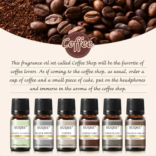 Vista 3 de EUQEE Juego de 6 aceites aromáticos de café (0.3 onzas líquidas), aceites esenciales de fragancia prémium para hacer velas, difusor, café