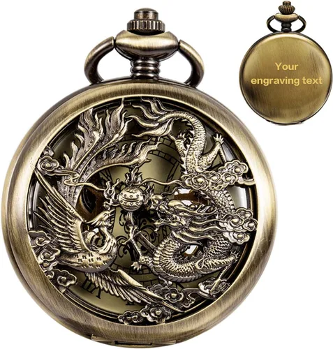 ManChDa Relojes mecánicos de bolsillo grabados con esqueleto de doble cubierta con números romanos, esfera personalizada con caja y cadena para