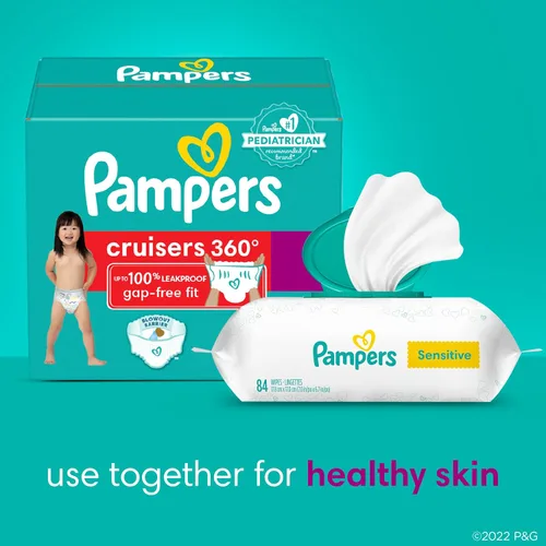 Vista 12 de Pañales talla 3, 168 unidades y toallitas para bebé, pañales Pampers Pull On Cruisers de 360° con cintura elástica, suministro de un mes