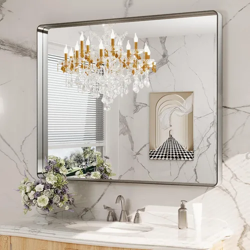 Vista 95 de LOAAO 20x16 Pulgadas Espejo de Baño con Marco de Metal Negro para Pared, Espejo de Tocador de Baño de Estilo Granja, Espejo Grande Rectangular