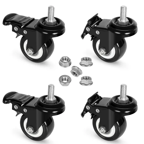 8T8 Ruedas giratorias de 2 pulgadas con freno, juego de 4 ruedas PU, ruedas resistentes, ruedas giratorias de vástago roscado de 3/8”-16x1”