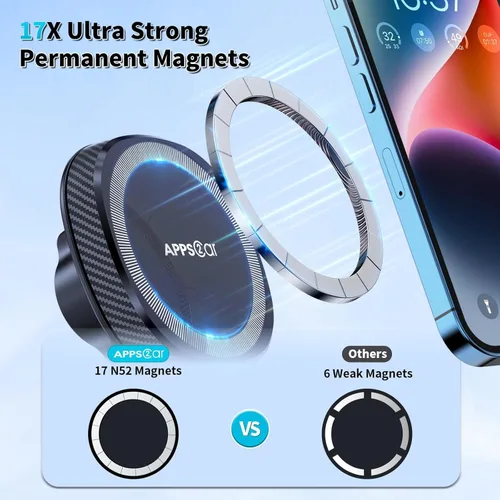 Vista 3 de APPS2Car Soporte magnético para teléfono MagSafe para salpicadero, parabrisas y iPhone, compatible con iPhone 17 16 15 14 13 12 Pro Plus Max, 17