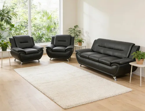 Vista 37 de Sofá seccional de cuero negro, juego de muebles de sala de estar, juego de 2 piezas de sofá moderno para sala de estar, apartamento, oficina, negro#1