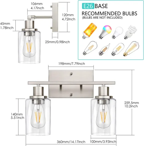 Vista 2 de ShineTech Lámparas de baño de 2 luces, modernas luces de tocador con pantalla de vidrio transparente, luz de tocador de baño de níquel cepillado