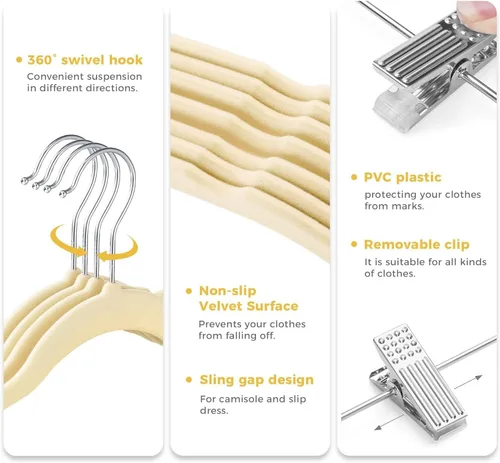 Vista 2 de VECELO Perchas de terciopelo de alta calidad con clips de metal (paquete de 20), antideslizantes y ahorran espacio con 1 ganchos mágicos y 2
