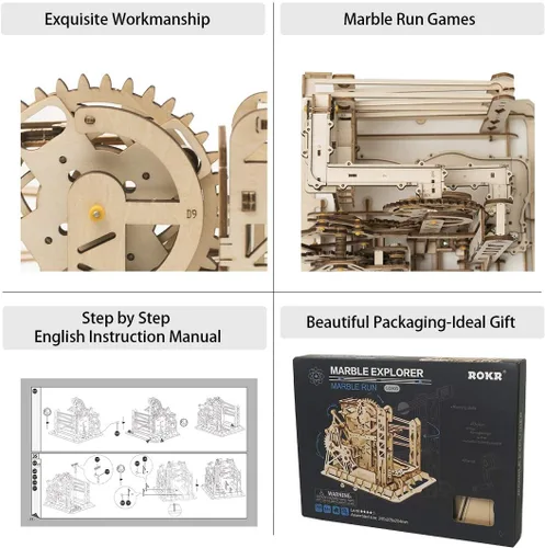 Vista 4 de ROKR 3D Assembly Wooden Puzzle Brain Teaser Game Mechanical Gears Set Model Kit Marble Run Set Unique Craft Kits Christmas/Birthday/Valentine's Gift