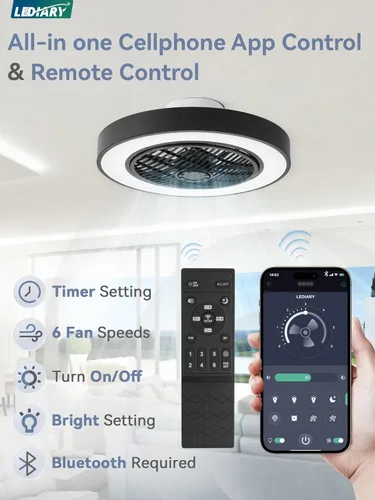 Vista 5 de LEDIARY Ventiladores de techo de perfil bajo de 20 pulgadas con luces, ventilador de techo sin aspas LED, ventilador de techo cerrado de montaje
