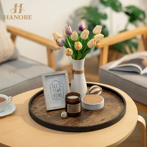 Vista 3 de Hanobe Bandeja Decorativa para Mesa de Café: Bandeja de Madera Marrón Redonda, Bandejas de Madera Rústicas Circulares, Centro de Mesa de Granja
