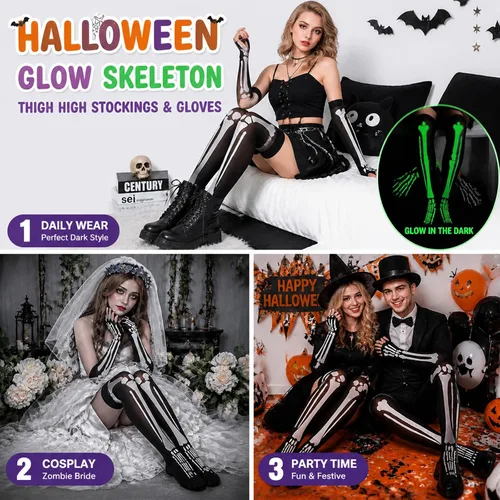 Vista 5 de Juego de medias y guantes de esqueleto luminosos de Halloween para fiesta y cosplay