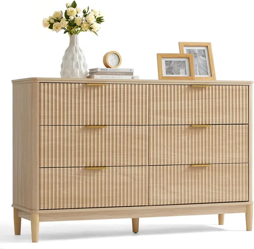 Vista 10 de LINSY Cómoda Acanalada para Dormitorio con 8 Cajones, Cajonera Moderna de Mediados de Siglo con Manijas de Metal Dorado, Cómodas Anchas de Madera