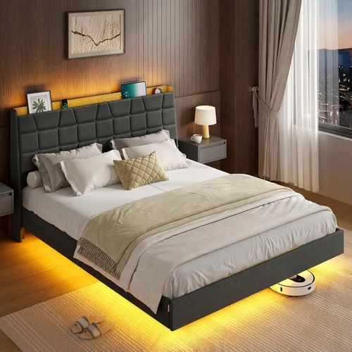 Vista 12 de VASAGLE Base de cama LED tamaño matrimonial, cama matrimonial con cabecera y 4 cajones, 1 puerto USB y 1 puerto tipo C, cabecera tapizada ajustable