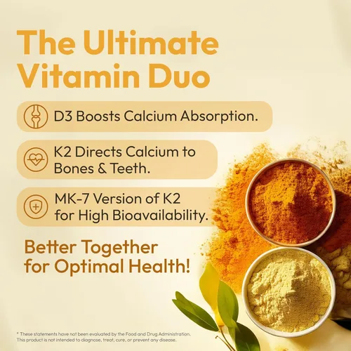 Vista 6 de Vitamin D3 K2 5000 IU with MK7 (180 mcg) Natural Supplement for Bone Strength, Heart Health, and Immune Support Vegan Capsule 60 Servings