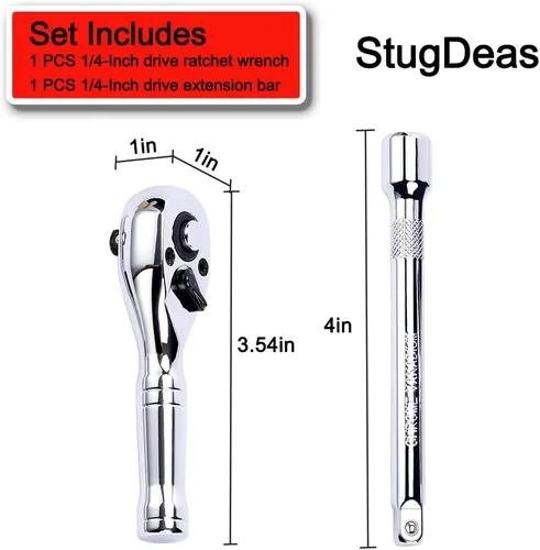 Vista 2 de StrugDeas Llave de trinquete de 1/4 de pulgada, llave de vaso corta de 72 dientes de liberación rápida con una barra de extensión (4 pulgadas)