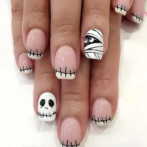 Uñas postizas cortas con diseño de momia de Halloween, uñas cuadradas a presión, uñas con pegamento de cobertura completa, uñas de calavera de