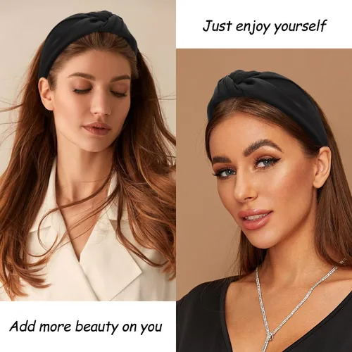 Vista 3 de TOBATOBA Diadema de seda satinada con nudo superior negro, grande, antideslizante, accesorios para el cabello para mujer