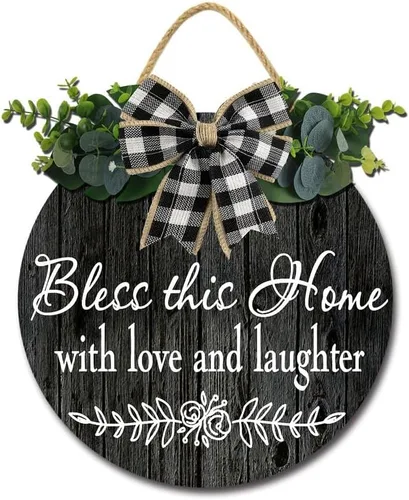 Vista 8 de Bless This Home with Love & Laughter - Letrero de bienvenida para puerta delantera, decoración de porche, corona de granja, decoración de pared