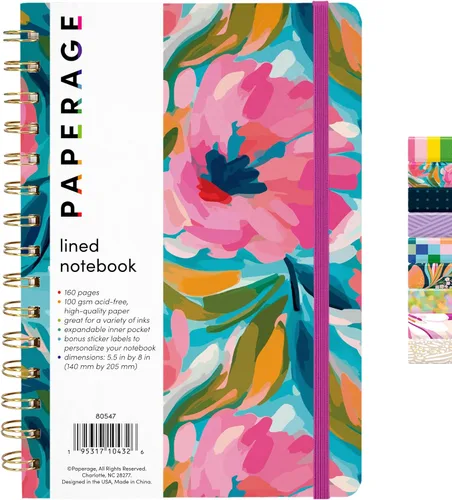 PAPERAGE Cuaderno de diario en espiral con líneas (floral pintado), 160 páginas, diario de tapa dura para mujeres y hombres, tamaño mediano de 5.5 x