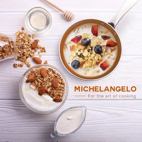 Vista 9 de MICHELANGELO Sartén de 8 pulgadas + cacerola de 2 cuartos de galón con tapa, sartén antiadherente de cerámica con tapa y olla y sartén de cobre