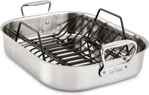All-Clad E752S264 Asador pequeño de acero inoxidable apto para lavavajillas con estante de utensilios de cocina, color plateado, L, Acero inoxidable